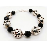 Onyx and Sterling Silver Cut-out Filigree Ball Bracelet