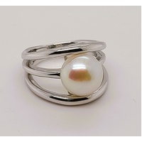 Sterling Silver 10mm White Freshwater Button Pearl Ring AUS Size O - CLEARANCE