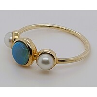 9 Carat Yellow Gold Solid Opal and Freshwater Pearl Ring AUS Size P