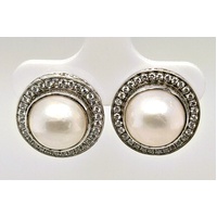 Sterling Silver White Freshwater Mabe Pearl & Cubic Zirconia Stud Earrings - CLEARANCE