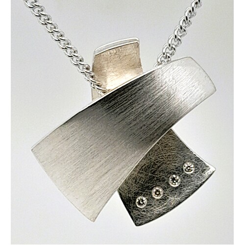 Bastian Sterling Silver Polished and Satin Finished Diamond Set Pendant