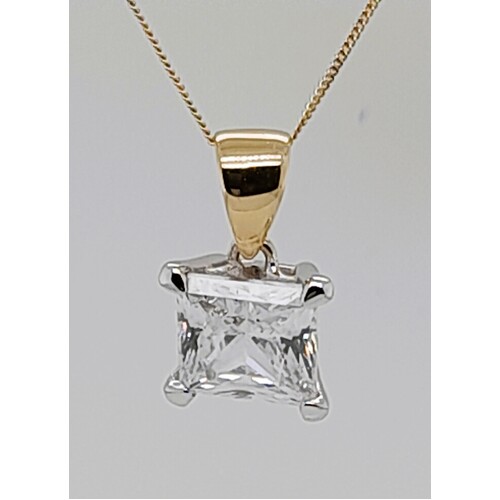 9 Carat Yellow and White Gold Princess Cut Cubic Zirconia Pendant