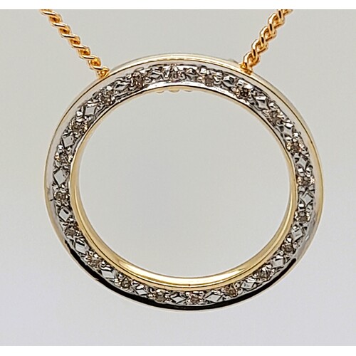 Handcrafted 9 Carat Yellow Gold Diamond Set Circle Pendant