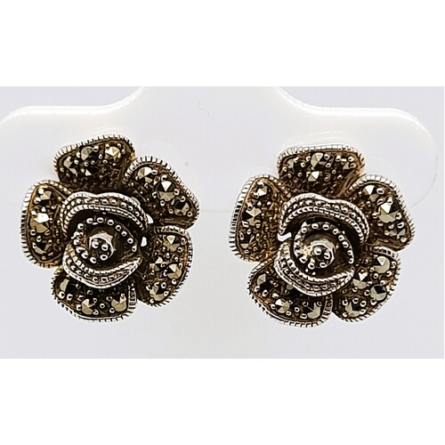 Sterling Silver Marcasite Rose Stud Earrings