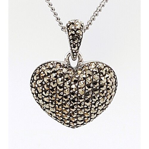 Sterling Silver Marcasite Set Puff Heart Pendant