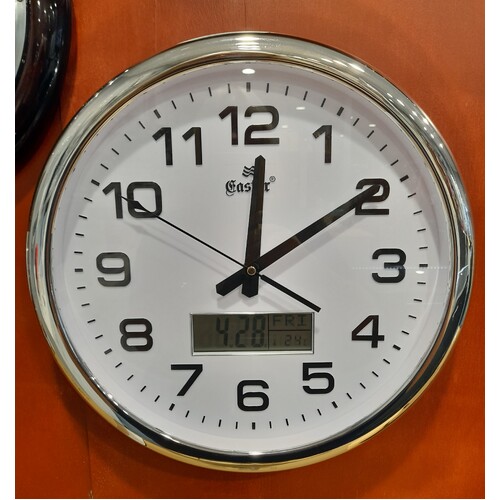 Large Silver Quartz Wall Clock with Digital Day, Month, Year & Temperature Display