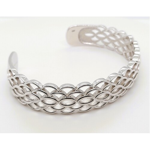 Breuning Sterling Silver Rhodium Plated 12mm Wide Honeycomb Cuff Bangle