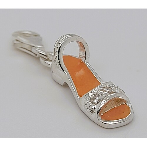 Sterling Silver Peach Enamel Cubic Zirconia Set Slipper Charm with Parrot Clasp