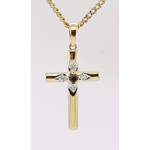 9 Carat Yellow Gold Sapphire and Diamond Set Cross Pendant