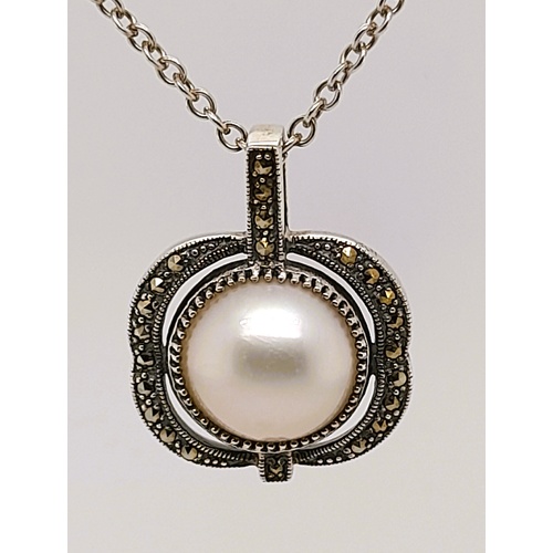 Sterling Silver Marcasite and Mabe Pearl Pendant - CLEARANCE