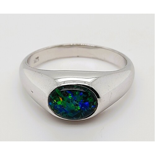 Sterling Silver Australian Triplet Opal Rub Over Set Ring AUS Size T