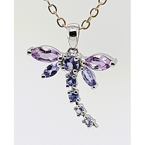 9 Carat White Gold Amethyst and Tanzanite Dragonfly Pendant