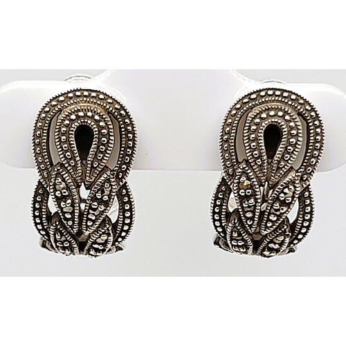 Sterling Silver Marcasite Set Semi-round Earrings