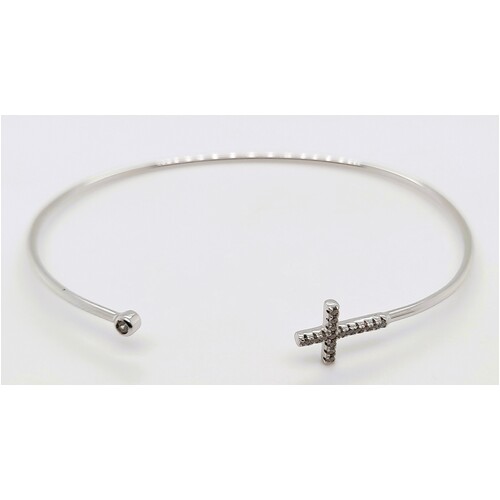 Sterling Silver Cubic Zirconia Set Cross Cuff Bangle 