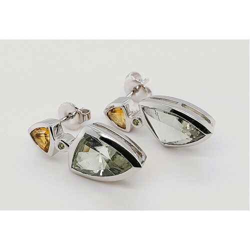 Sterling Silver Green Amethyst and Citrine Bezel Set Earrings