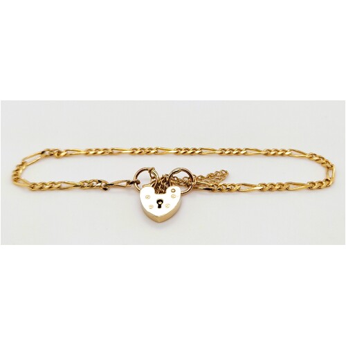 9 Carat Yellow Gold Figaro 3+1 Padlock Bracelet