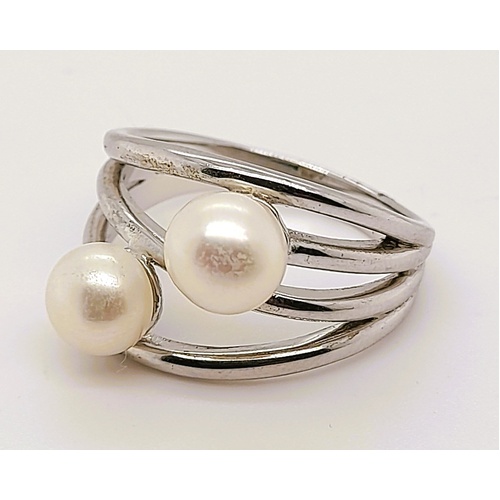 Sterling Silver White Freshwater Button Pearls Ring AUS. Size R - CLEARANCE