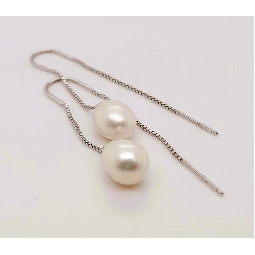 Sterling Silver Rhodium Plated Freshwater Pearl Drop Earrings - CLEARANCE