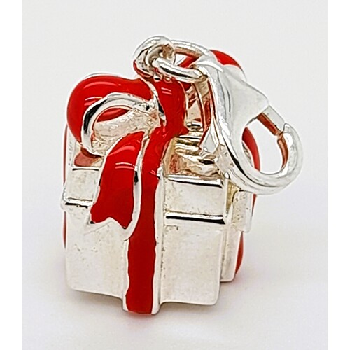 Sterling Silver Red Enamel Giftbox Charm