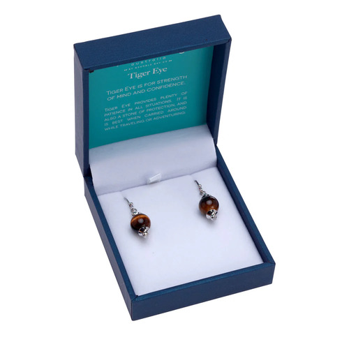 Crystal Carvings Polished Gold Tiger Eye Drop Earrings 10mm Bead on Rhodium Plated Silver Hooks