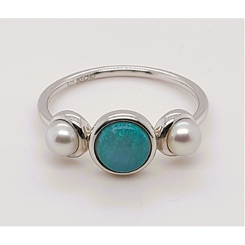 Sterling Silver Light Solid Opal and Freshwater Pearl Ring AUS Size N½ -CLEARANCE