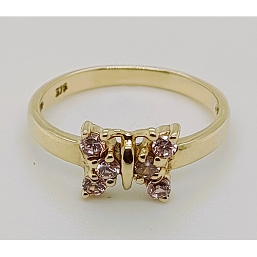 9 Carat Yellow Gold Pink Cubic Zirconia Butterfly Ring AUS Size J