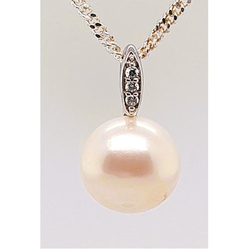 Sterling Silver White Freshwater Button Pearl & Cubic Zirconia Pendant - CLEARANCE