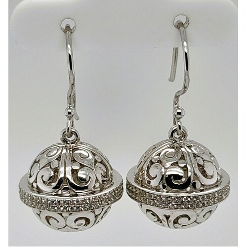 Sterling Silver Cubic Zirconia Set Filigree Ball Drop Earrings