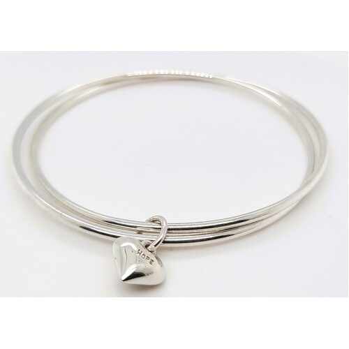 Twin Sterling Silver Bangles with Heart Charm - CLEARANCE