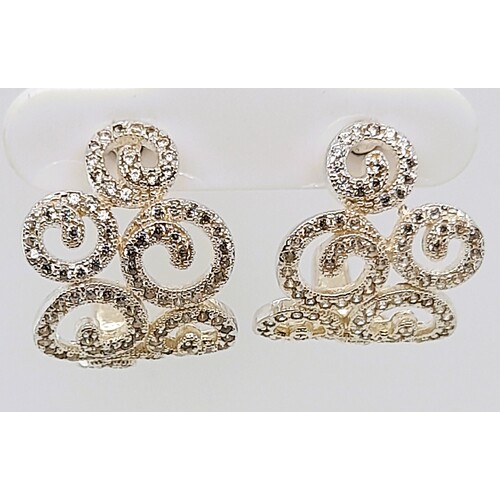 Sterling Silver Cubic Zirconia Scroll Patterned Half Hoop Earrings