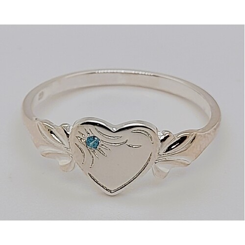 March Sterling Silver Birthstone Single Heart Signet Ring with Aquamarine Cubic Zirconia AUS Size N