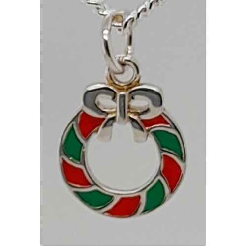 Sterling Silver Enamel Christmas Wreath Charm/Pendant