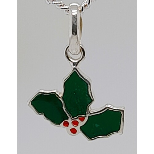 Sterling Silver Green & Red Enamel Holly Sprig Charm/Pendant